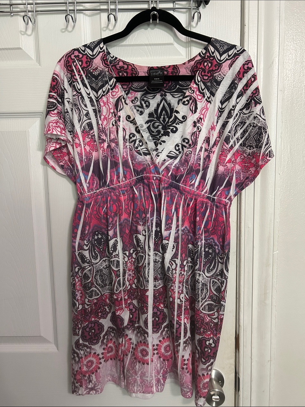 Catalina Pink, Black & White Paisley Empire-Waist Mini Dress